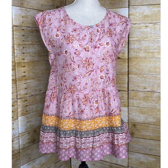 BEACHLUNCHLOUNGE FLORAL/MIXED PRINT TIERED INSPIRED CAP SLEEVE FLOWY COTTON TOP - Picture 1 of 3
